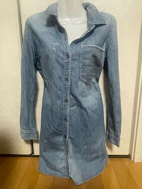 Denim Long Sleeve Shirt Dress - Light Blue